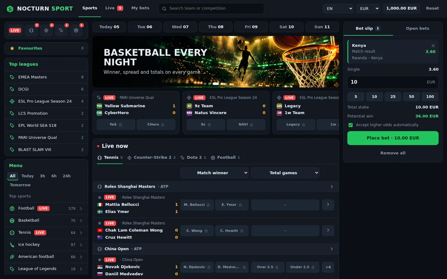 Nocturn Sport bet slip with a single selection, stake buttons and potential win