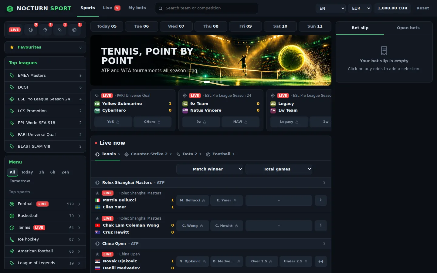 Nocturn Sport lobby on desktop with live matches, sport menu and bet slip